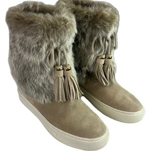 TORY BURCH DARK KNOT BEIGE ANGELICA BOOT RABBIT FUR SPLIT SUEDE SNEAKER